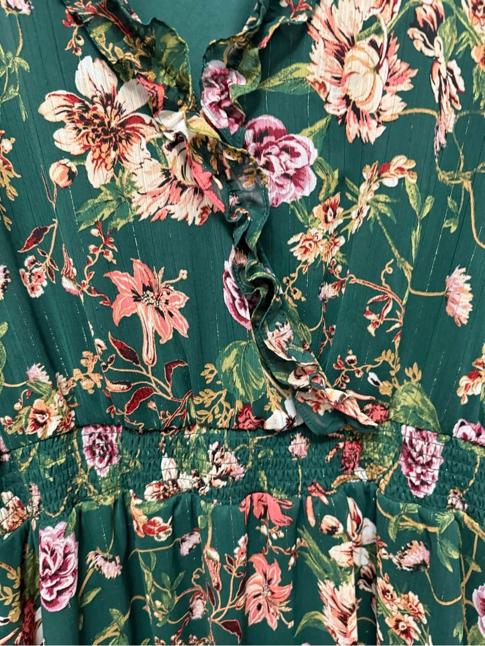 Maurices Womens 3X Green Pink Floral V-Neck Long Sleeve Ruffle Dress (G-8)
